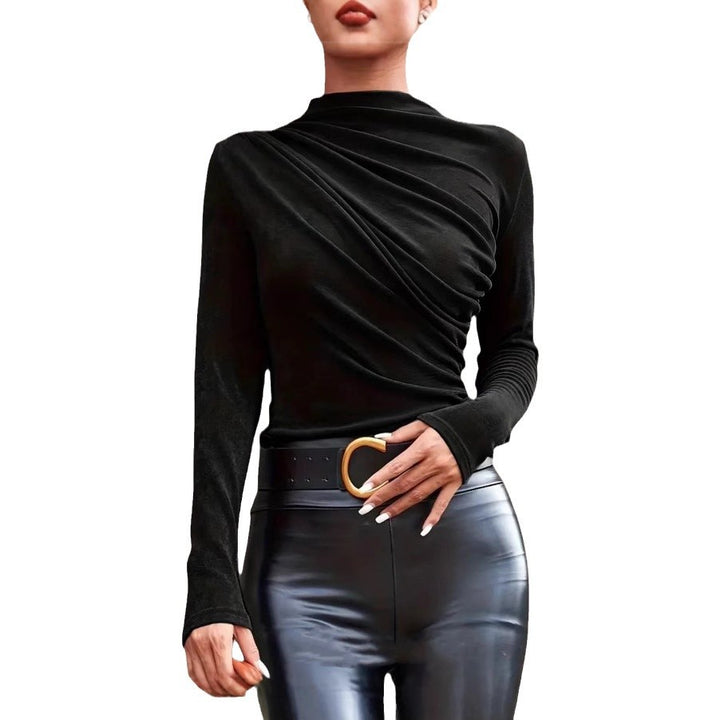 Ladies elegant long sleeve shirt with luxurious draping design and chic stand-up collar Lune London