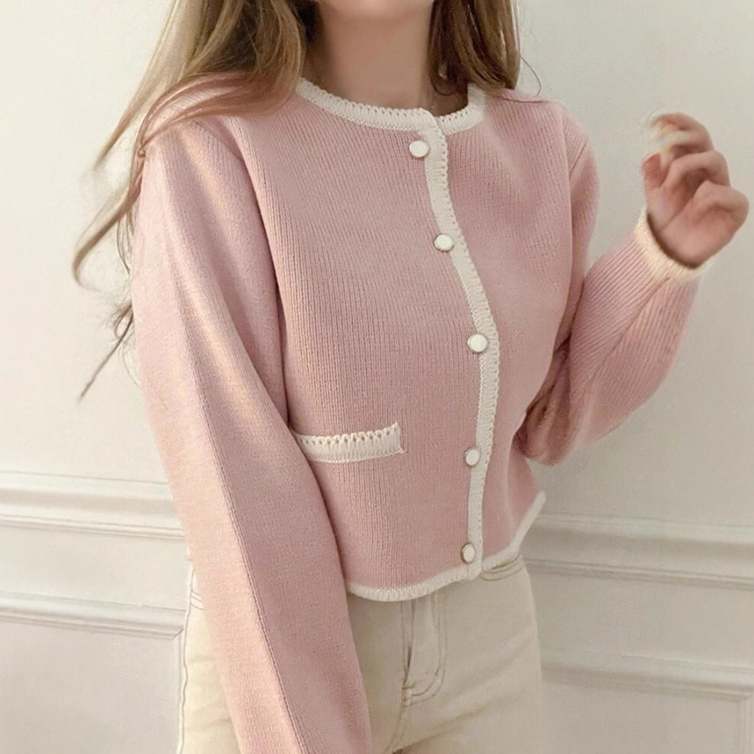 Women Knitted Short Cardigan with Beaded Collar and Pockets Lune London