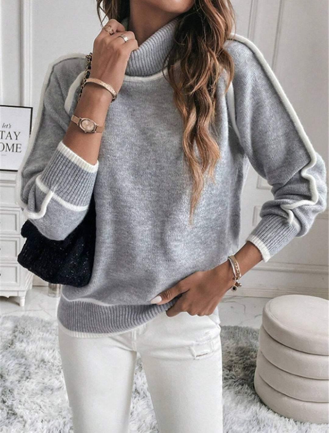 Women's Elegant Turtleneck Sweater with Structured Knitted Surface and Contrasting Accents Lune London