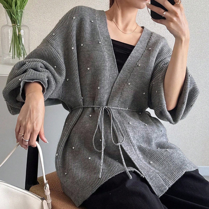 Ladies Elegant Knit Cardigan with Chic Pearls Accent and Style