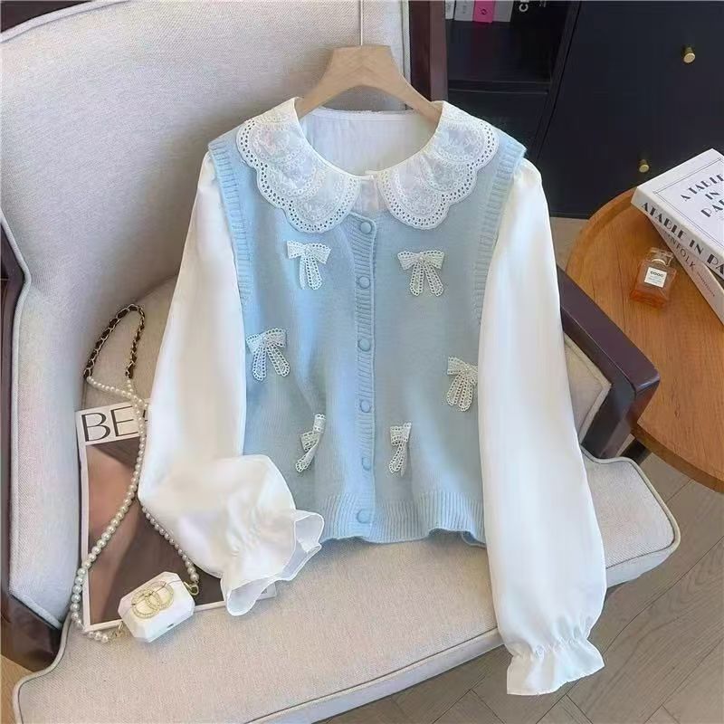 Ladies playful knit cardigan with rolled collar and decorative bows Lune London
