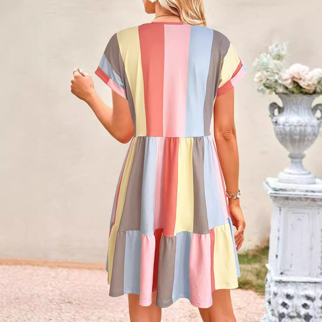 Casual summer dress for women with a modern striped design, featuring a V-neck and ruffles Lune London