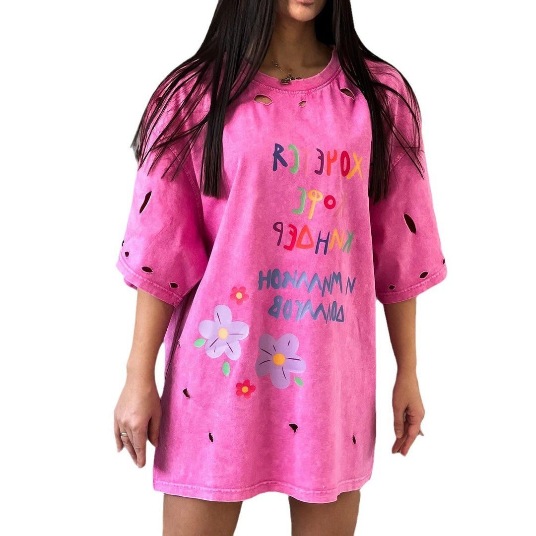 Oversized T-shirt dress for women with a unique graphic tear design Lune London