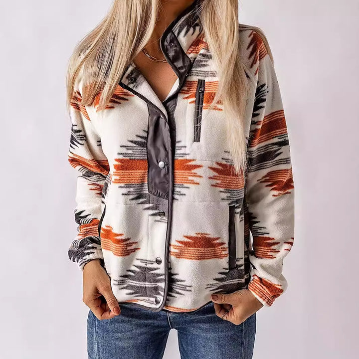 Women's patterned fleece clothing with practical pockets and chic button detail