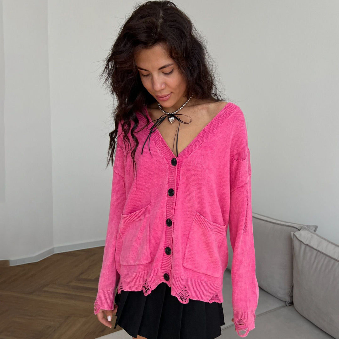 Casual knit jacket for women with a trendy V-neck and creative cutout details Lune London