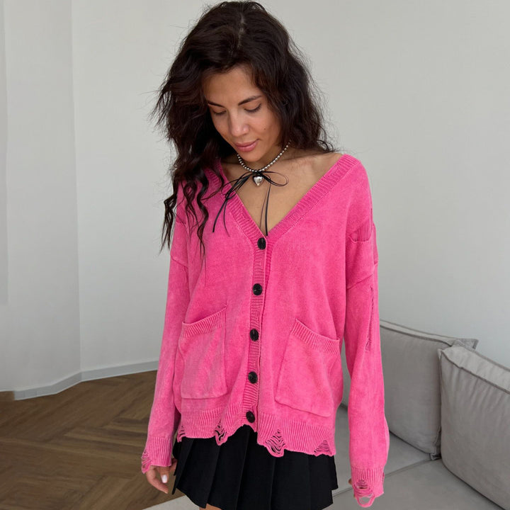 Casual knit jacket for women with a trendy V-neck and creative cutout details Lune London