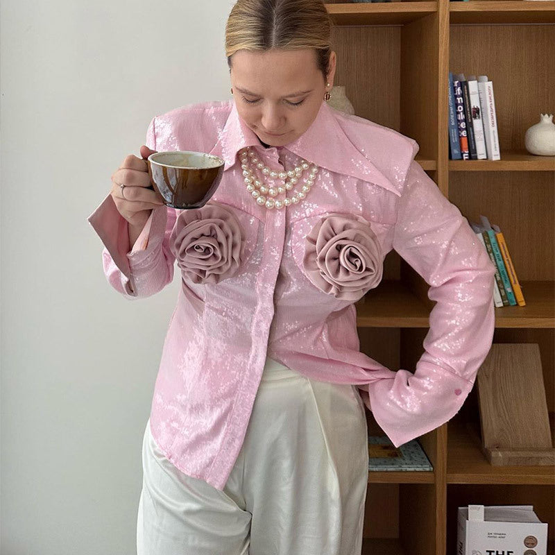 Women's glamour blouse with 3D rose appliqués and sequins Lune London