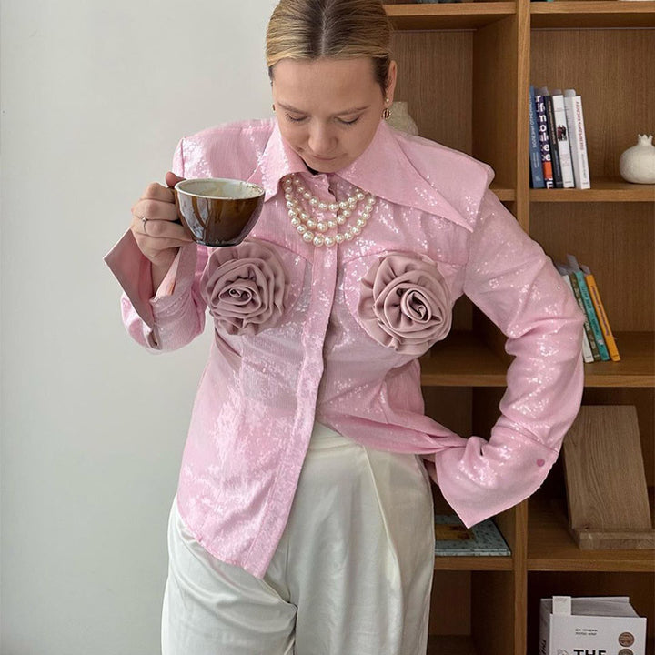Women's glamour blouse with 3D rose appliqués and sequins Lune London