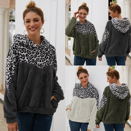 Ladies Comfortable Teddy Sweater with Hood and Chic Leopard Pattern