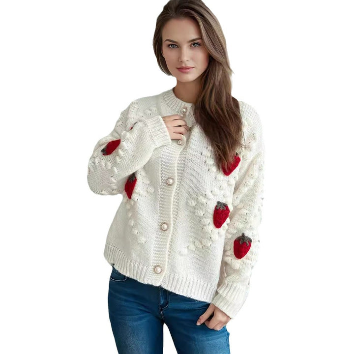 Knit jacket for women with a playful strawberry pattern and Lune London button details