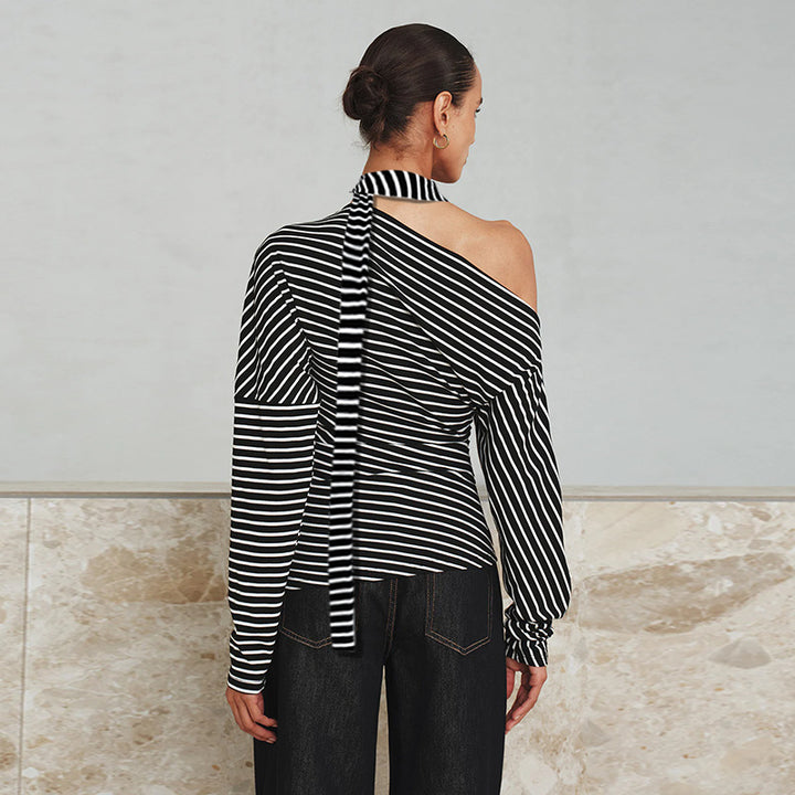 Women's asymmetrical long sleeve shirt with fashionable stripes and halter neck Lune London