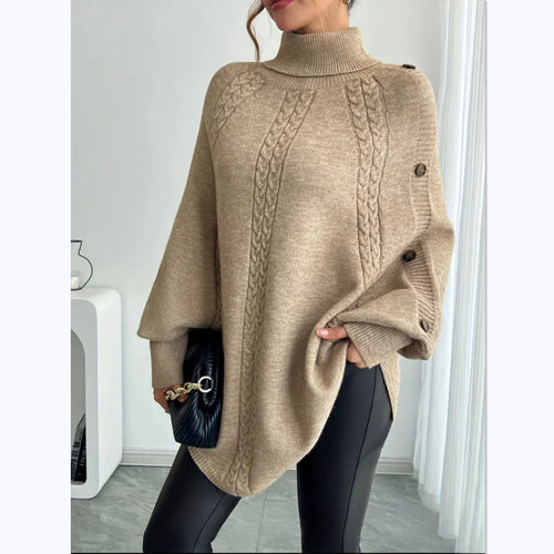 Ladies Elegant Knitted Poncho with Roll Neck and Chic 3D Pattern