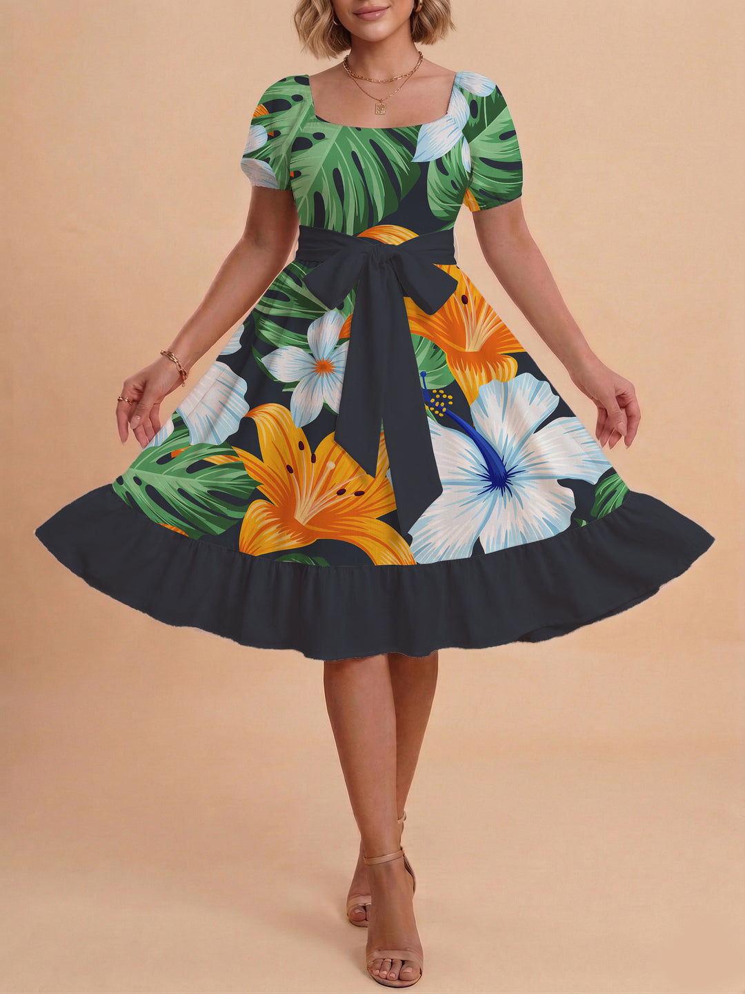 Women A-line dress with floral motifs and adjustable belt Lune London