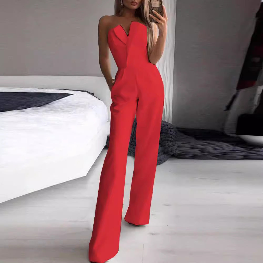 Elegant ladies' jumpsuit with fitted cut and deep V-neck Lune London