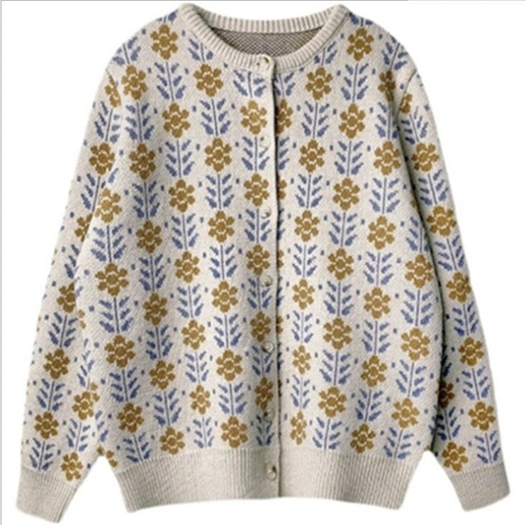 Knitted jacket for women with floral pattern and button detail Lune London