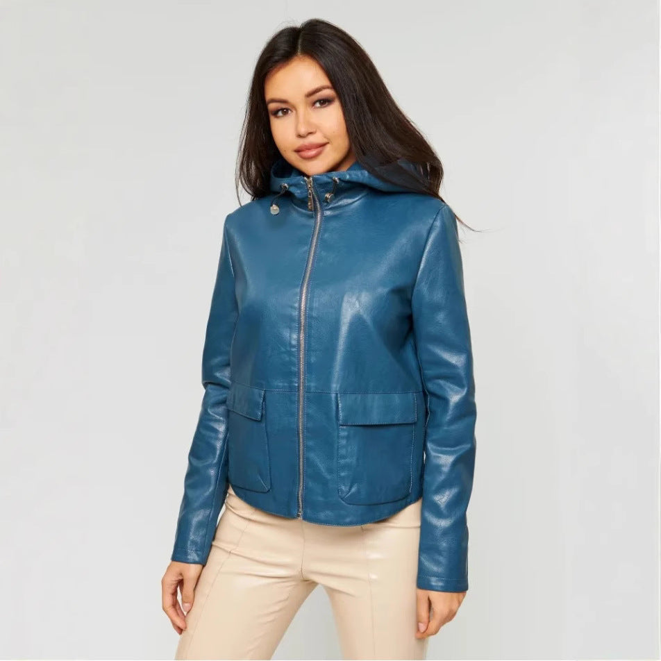 Faux leather jacket for women with integrated hood and practical pockets Lune London