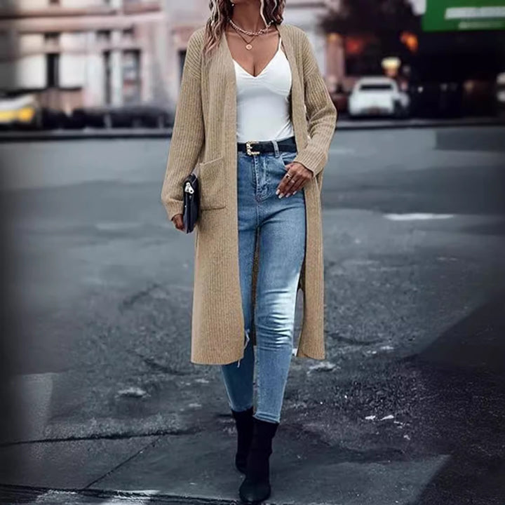Ladies Long Knit Cardigan with Open Front and Practical Pockets Lune London