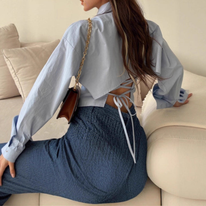 Ladies Elegant cotton blouse with asymmetrical cut and long sleeves Lune London
