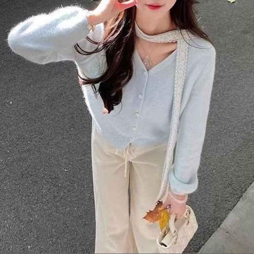 Knit jacket for women with decorative lace details Lune London