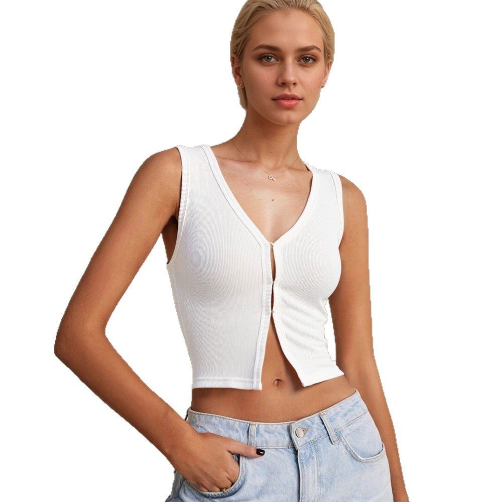 Short top for women with deep V-neck and decorative button design Chic & Stil