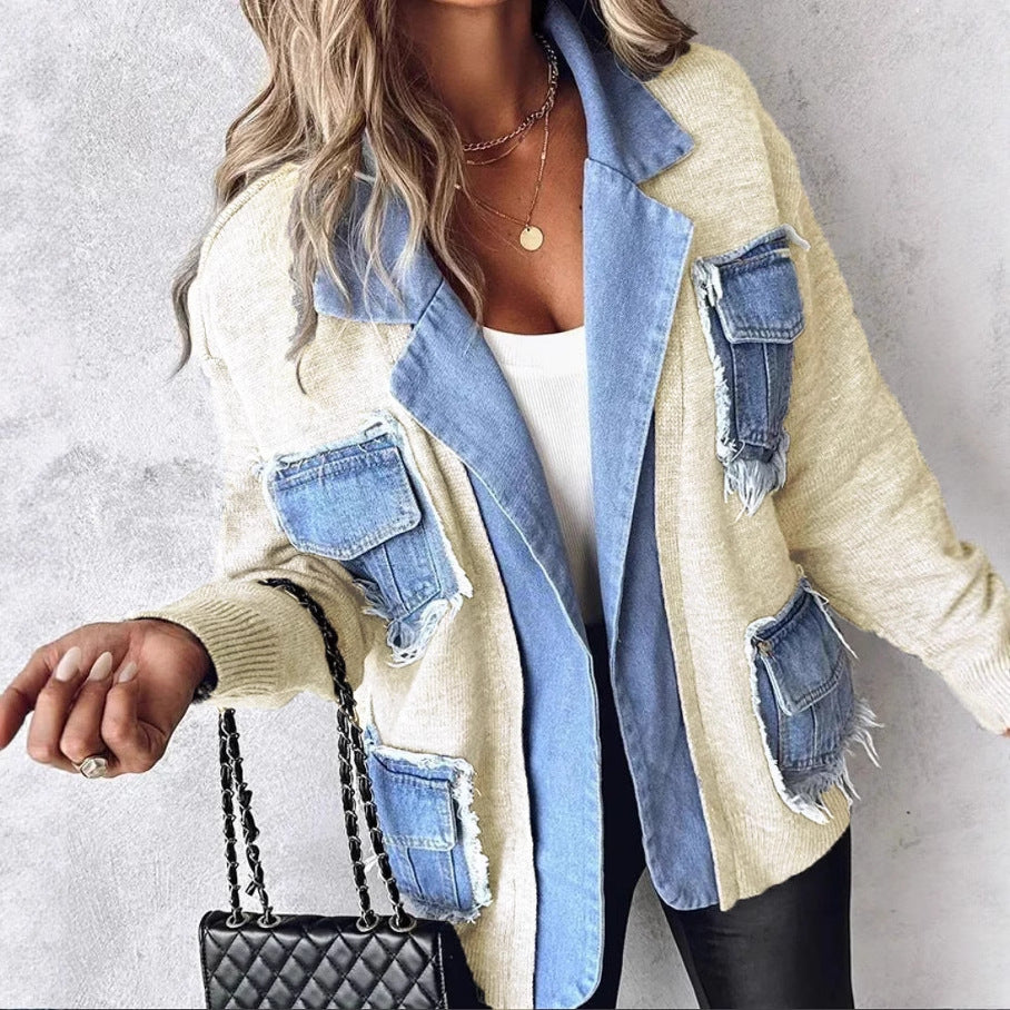 Dame cardigan de loisirs avec deux poches poitrine appliquées et un denim soigné Chic & Stil