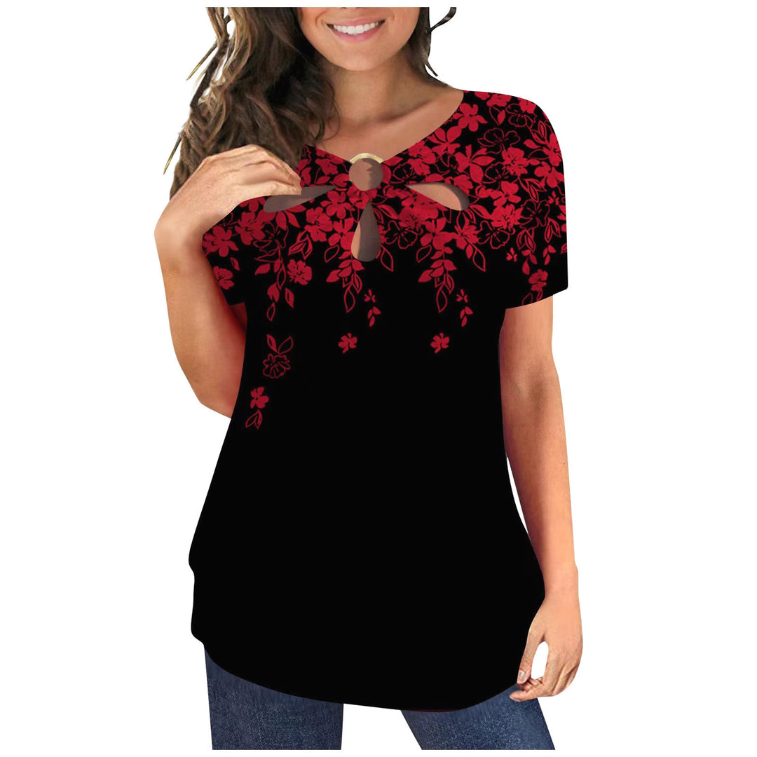 Women's elegant top with floral cut-out design and shiny ring insert Lune London