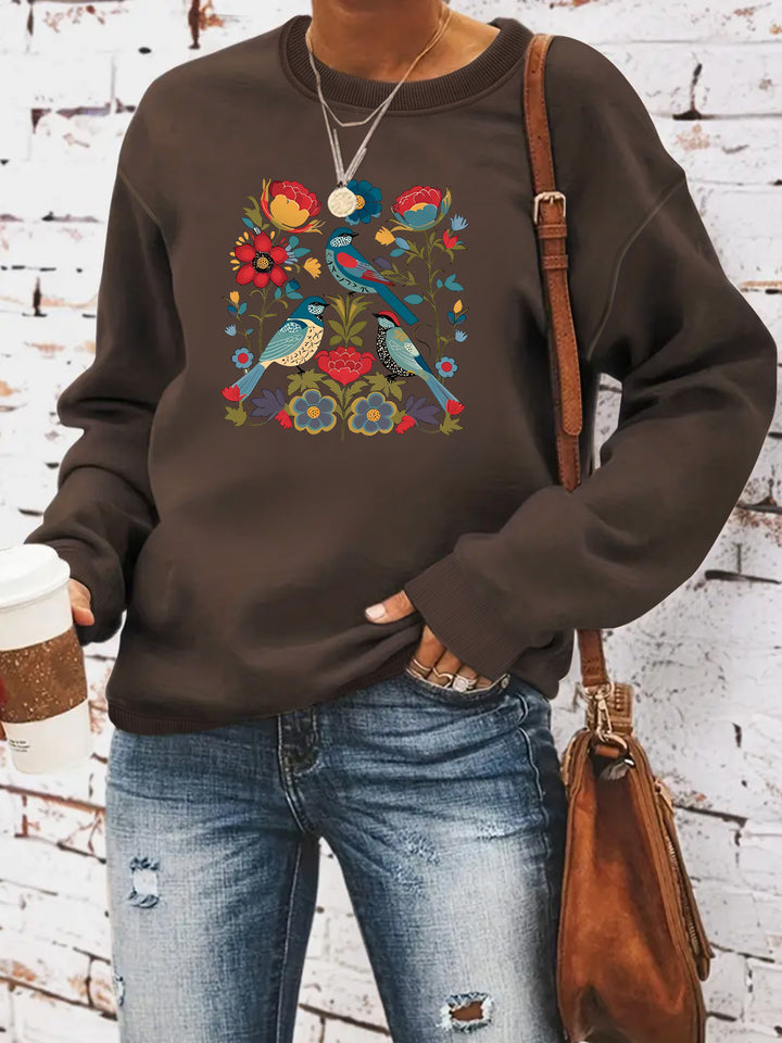 Sweatshirt pour femme avec motif floral d'oiseau et coupe décontractée Chic & Stil