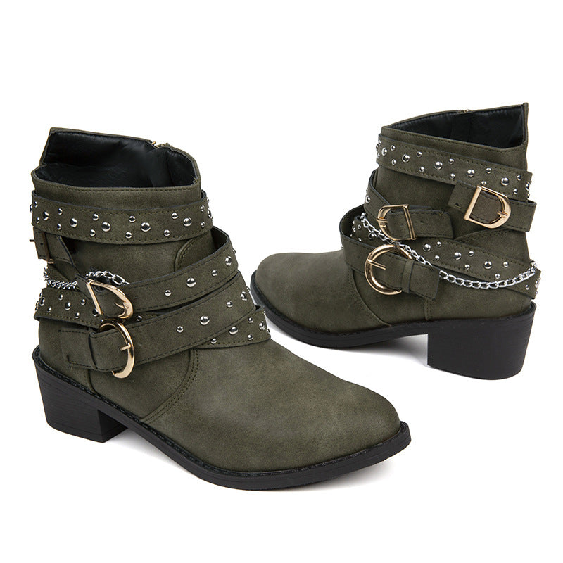 Ankle boots for women with trendy buckles and decorative studs Lune London