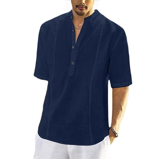 Short Sleeve Linen Shirt for Men with High Collar and Button Placket Chic und Stil
