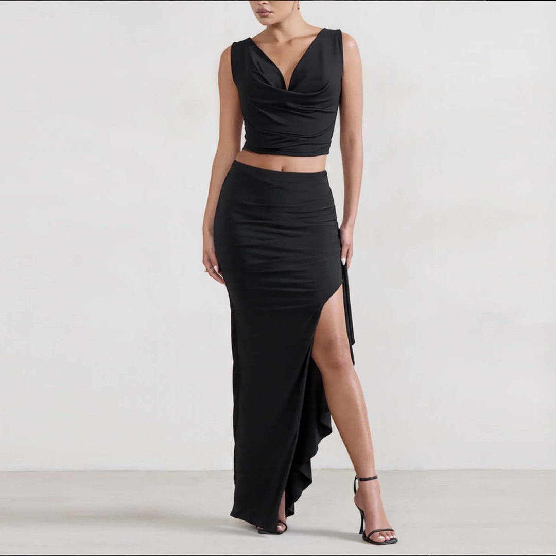 Ladies Elegant Crop Top and Maxi Skirt Set with High Slit Lune London