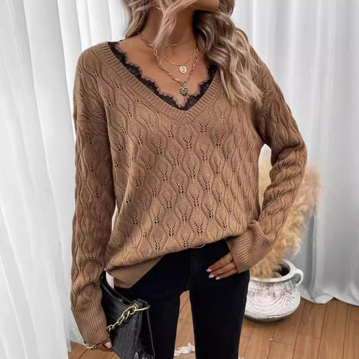 Knit sweater for women with elegant V-neck and fine lace structure Lune London