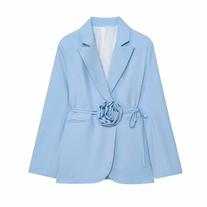 Ladies elegant blazer with attached decorative belt and floral accents Lune London
