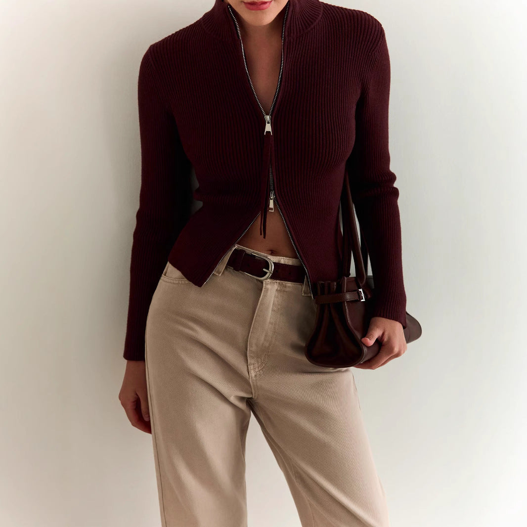 Knitted sweater for ladies with high collar and zipper Lune London