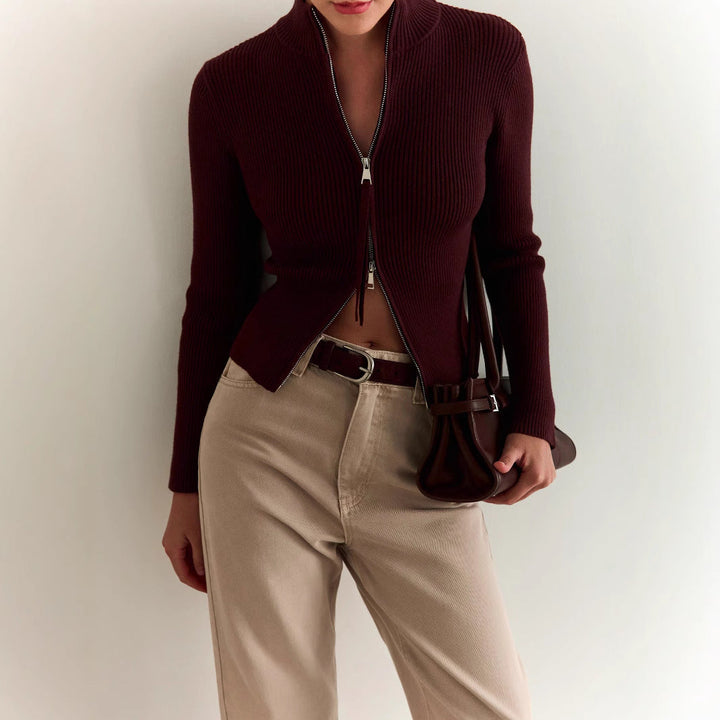 Women's Knit Sweater with High Collar and Zipper Lune London