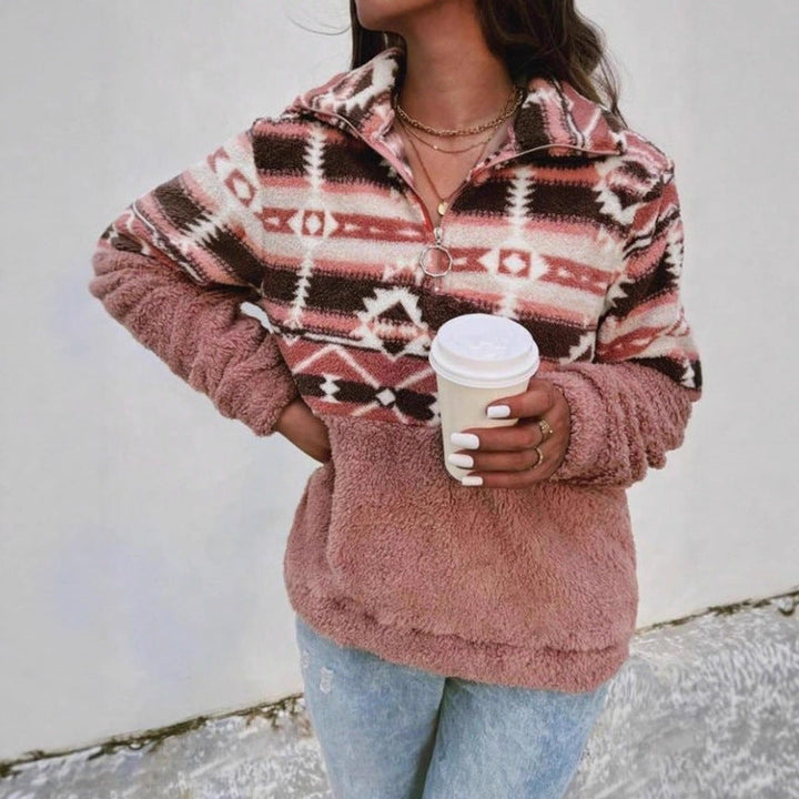 Women's Fleece Pullover with Modern Aztec Pattern and Stand-Up Collar Lune London