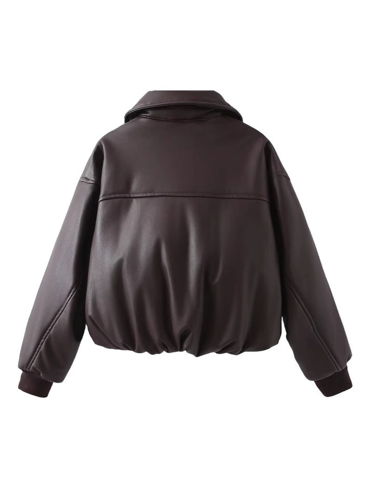 Fashionable faux leather jacket for women with elastic waist and high collar Lune London