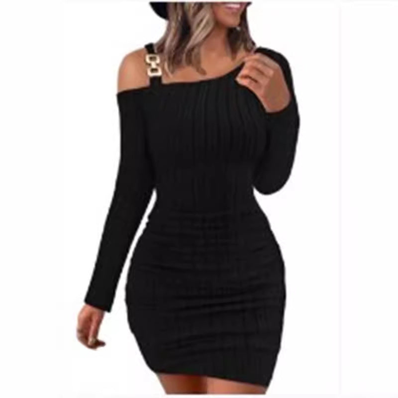 Knitted bodycon dress for women with an asymmetrical shoulder design and decorative accents Lune London