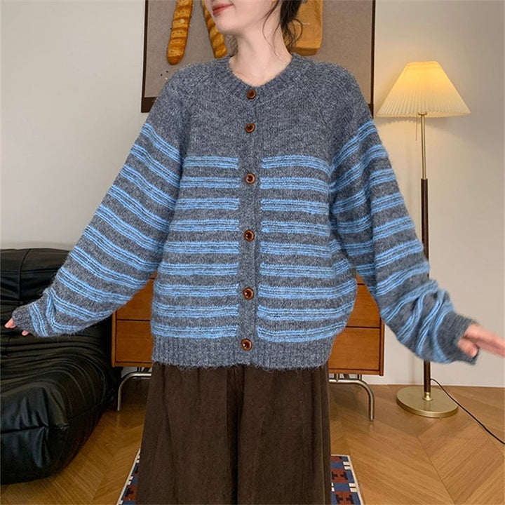 Ladies Chunky Knit Jacket with Modern Stripes and Chic Button Details and Style