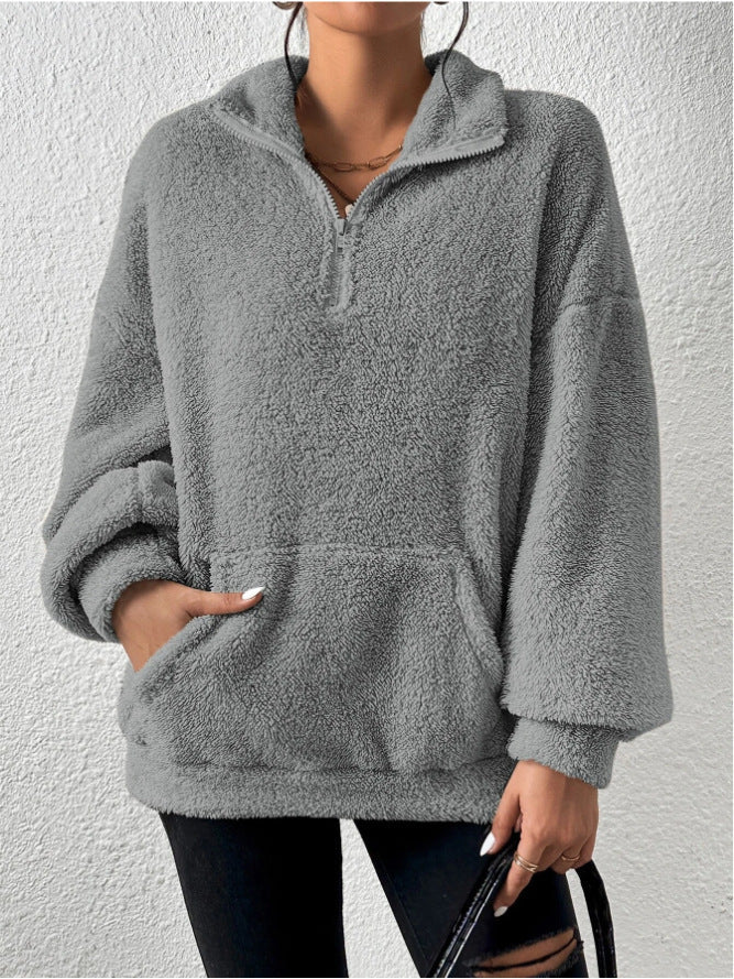Women's Cozy Fleece Pullover with Stand-Up Collar and Side Pockets Lune London
