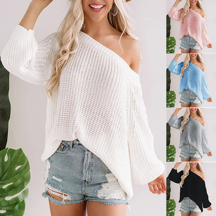 Ladies off-shoulder knit pullover with flared hem Lune London