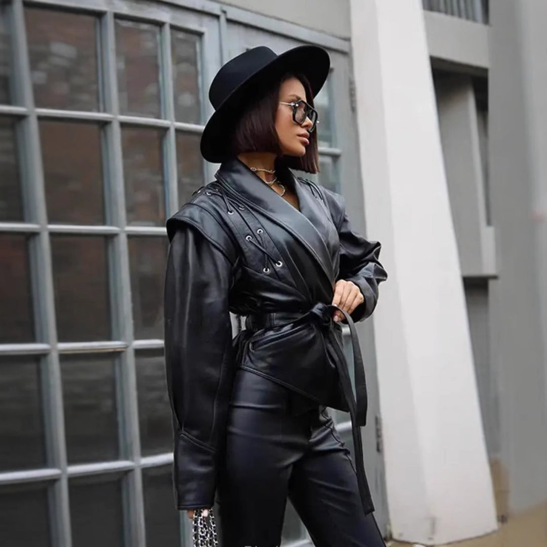 Fashion faux leather jacket for women with decorative lacing and a contemporary cut Lune London