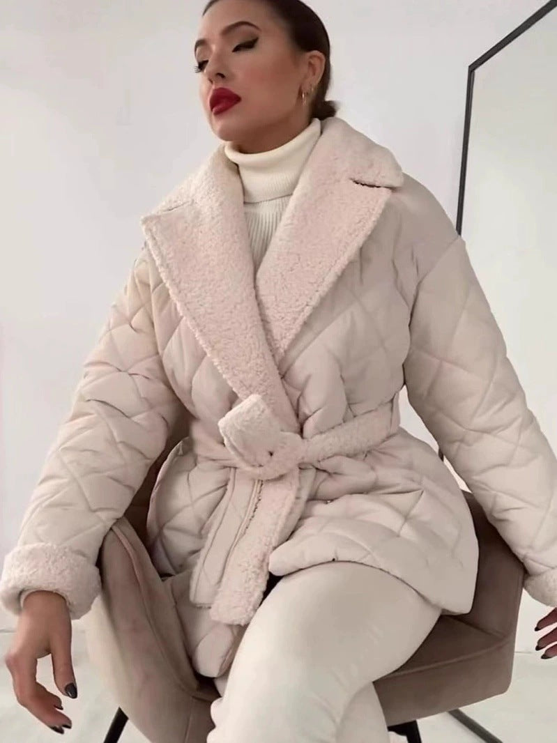Ladies quilted winter coat with soft lining and belt Lune London