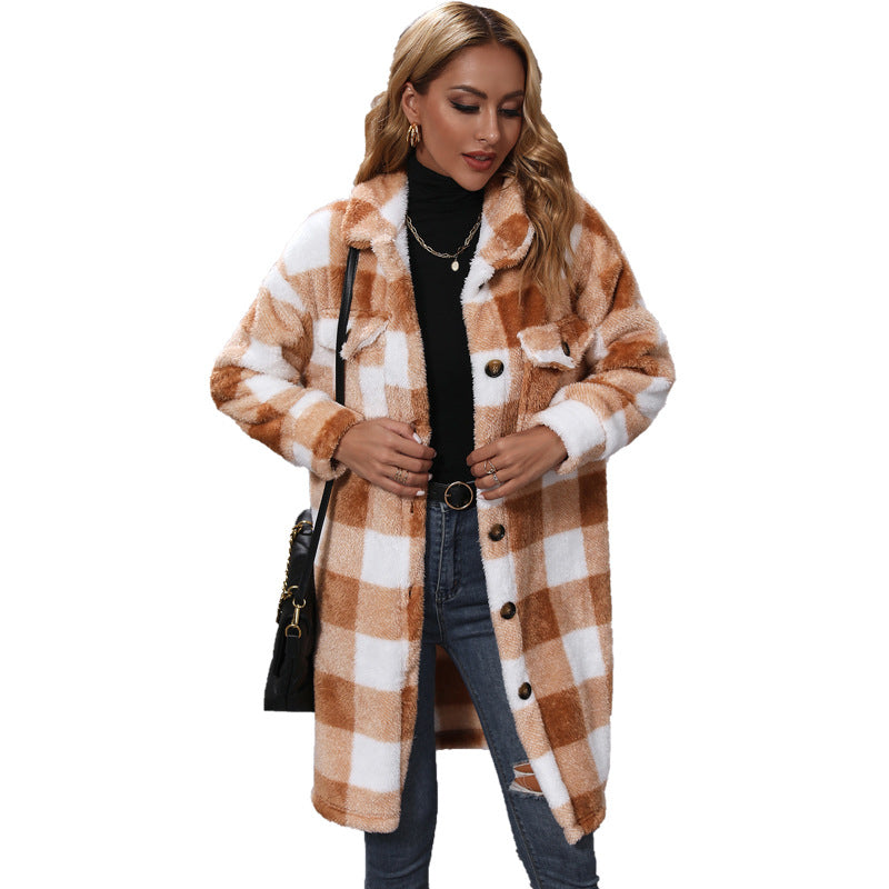 Women Long Plush Coat with Checkered Structure Lune London