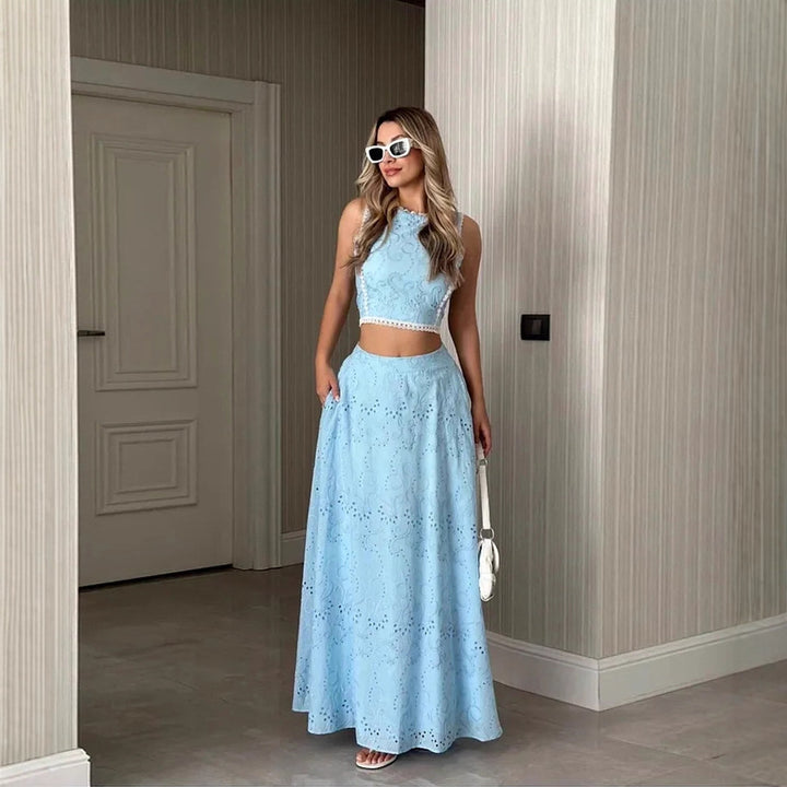 Women's maxi dress with delicate hole embroidery pattern and trendy crop top Lune London