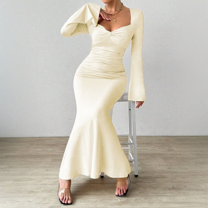 Elegant long sleeve maxi dresses for women with deep V neckline and stylish ruching Chic & Stil