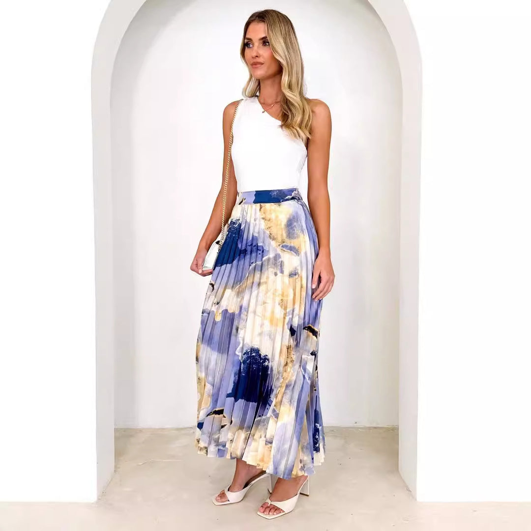 Ladies Elegant Pleated Skirt with Floral Design and Elastic Waistband Lune London
