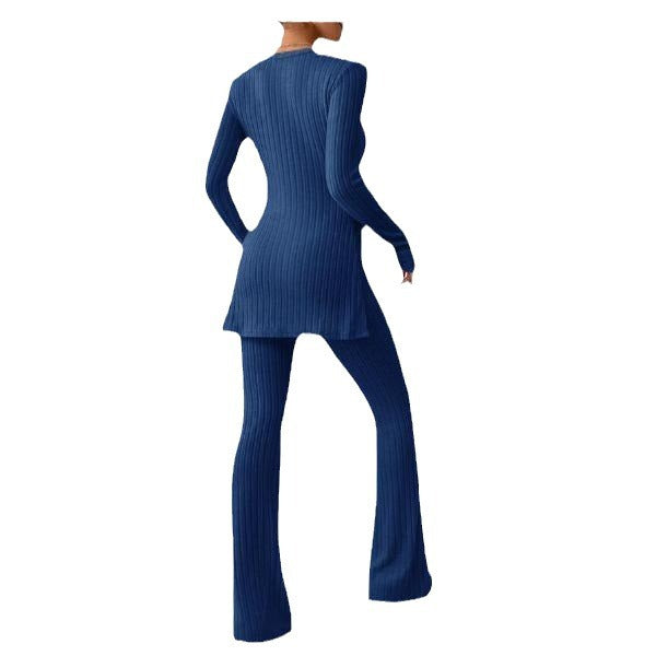 Lune London finely ribbed loungewear set for women with long sleeves and flared legs