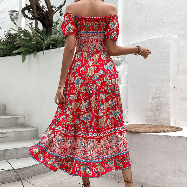 Robe Maxi Femme à Épaules Dénudées avec Imprimés Floraux et Ceinture Élastique Chic & Stil