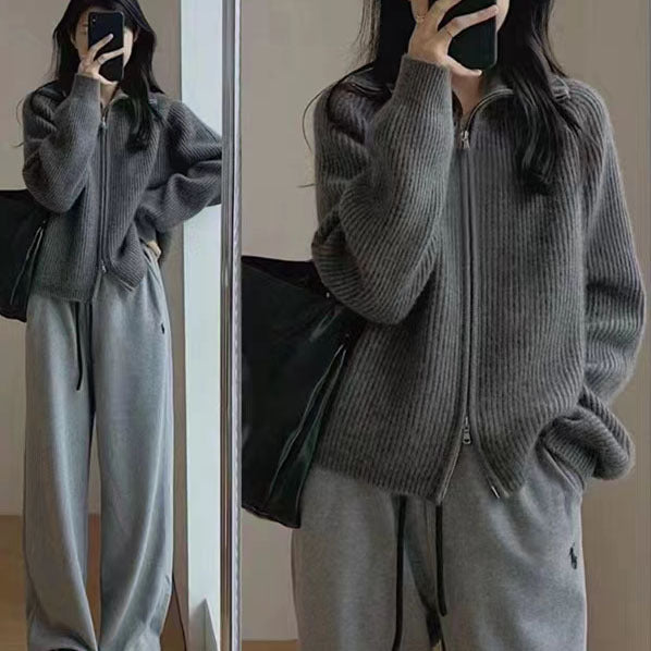 Knitted jacket for women with high collar embellishment and zipper Lune London