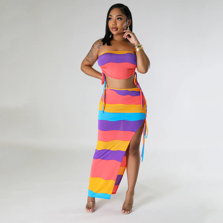 Women Colorful Chic Two-Piece Maxi Dress Set